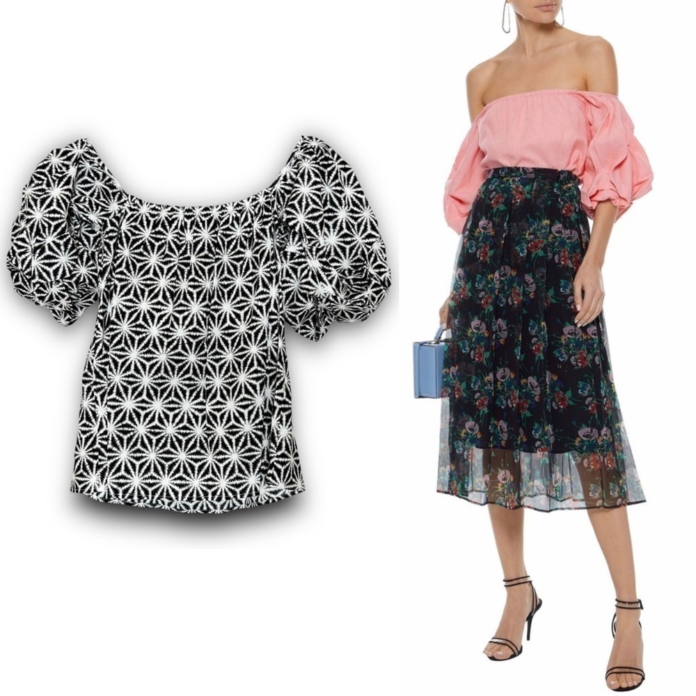 NWT REVOLVE PETERSYN 70s Off Shoulder Puffed Short Sleeve Geo Print Cotton Top M